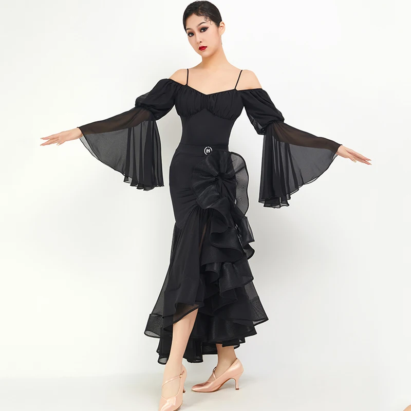 New Ballroom Dance Competition Clothing For Women Black Lantern Sleeved