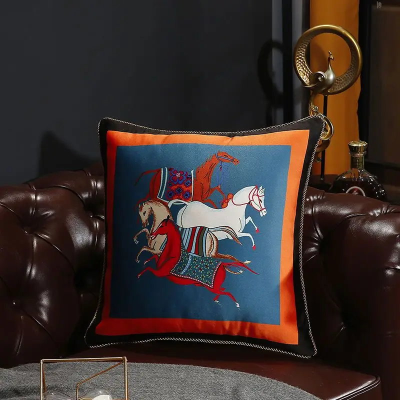 

Retro Luxury Cushion Horses Orange Thicken Silk Satin Macrame Fringe Lace Double Sided Office Room Decoration Cafe Sofa Home
