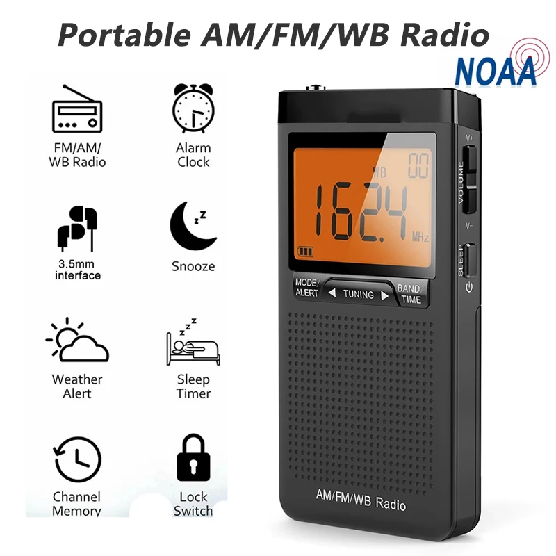 Mini Portable AM FM NOAA Radio Weather Radio with LCD Screen Alarm Clock