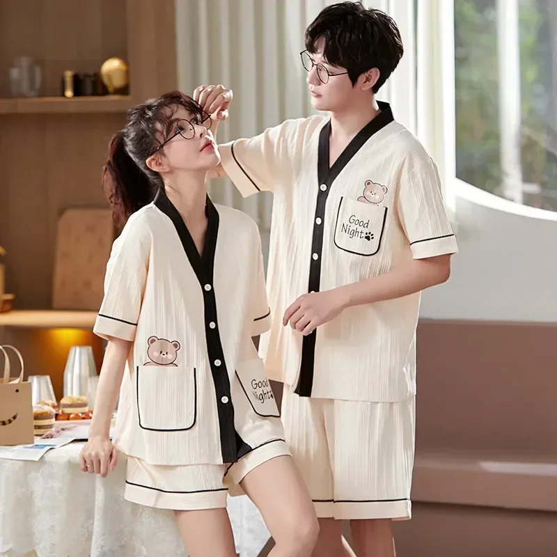 

Short Cotton Sets Sleepwear Leisure Homme Mujer Cartoon Pajamas Sleeve Women Men Couple Homewear Pijama Summer Dropship