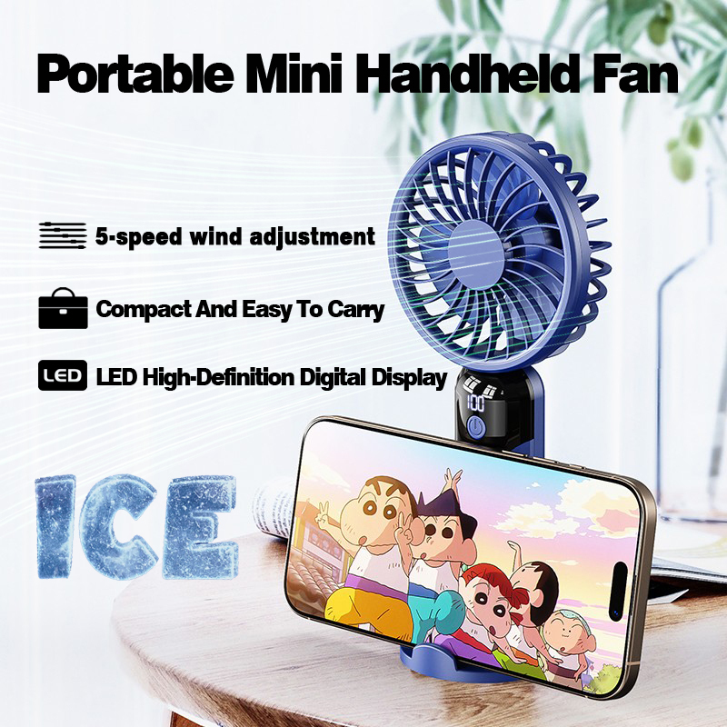Mini Portable Handheld Fan: LED Display, 3-Speed Strong Wind, Fan Rechargeable Portable, Sleek Design for Travel/Camping/Office