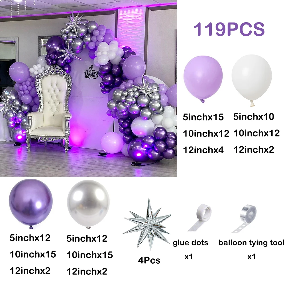 119Pcs Violet Blanc Ballon Métallique Argent Ballons Kit Guirlande