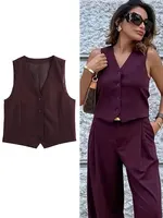 HH Women Fashion Burgundy Vest Single Breasted Sleeveless Vest Top 2025 New Fashion Woman Casual Office Lady Chic Tops