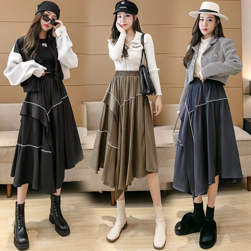 Korean Style Midi Skirt Women Fashion Casual Retro Black Pleated Skirts for Womens Irregular Stylish Elegant Faldas