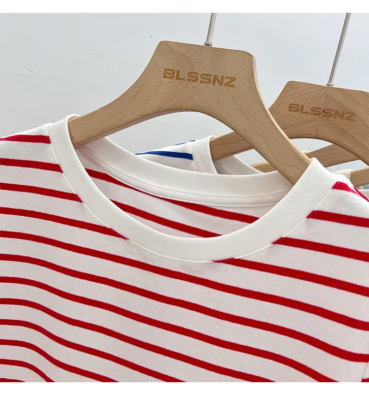 Gestreiftes Kurzarm-Damen-T-Shirt 2026 Sommer Neuheit Baumwolle Lässig Vielseitig Schlanke Passform Modische Oberteile Farbblock-Shirt – Detail 13