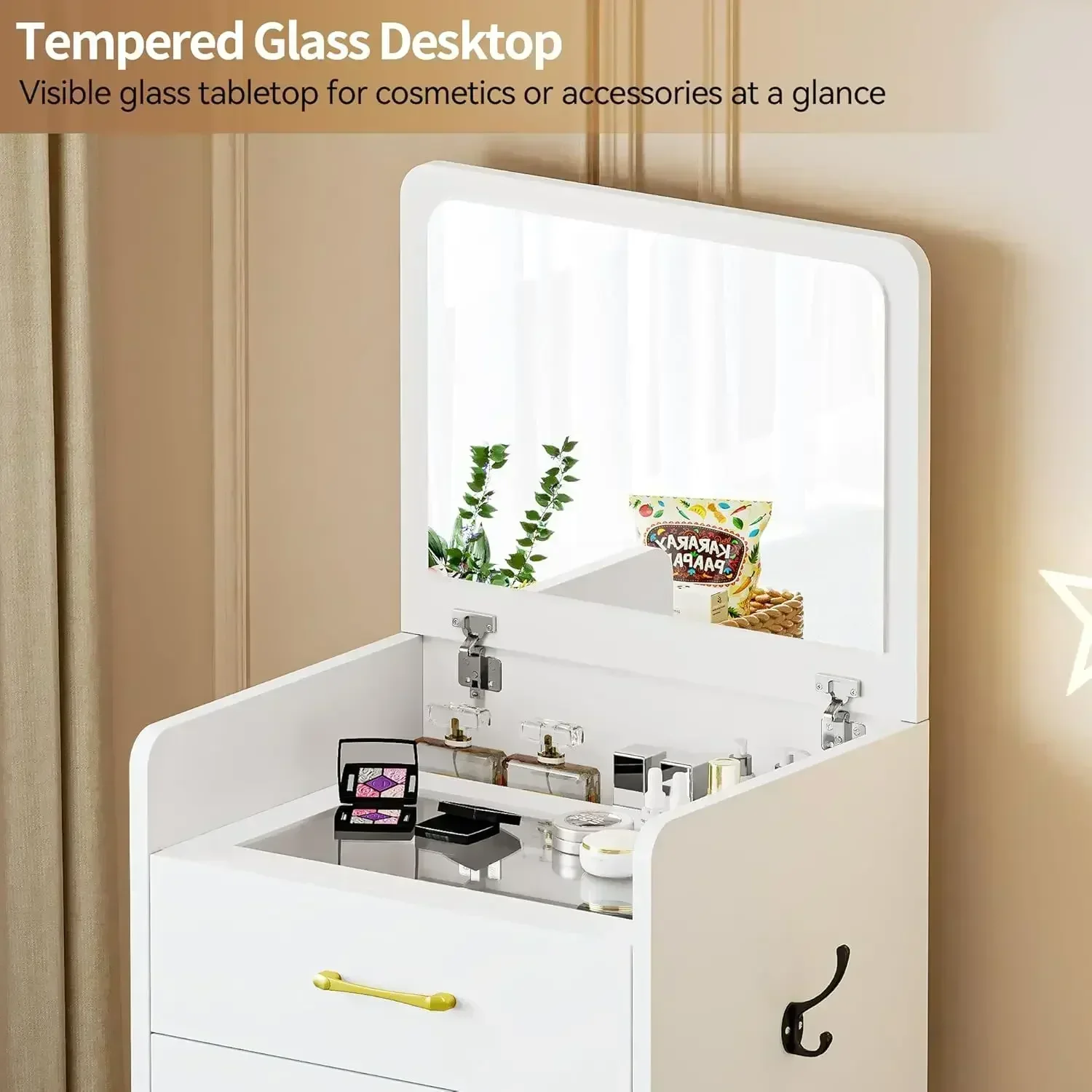 3 in 1 Vanity Desk with Plip Top Mirror,Small Make Up Vanity Set with Visible Glass Desktop,Compact Makeup