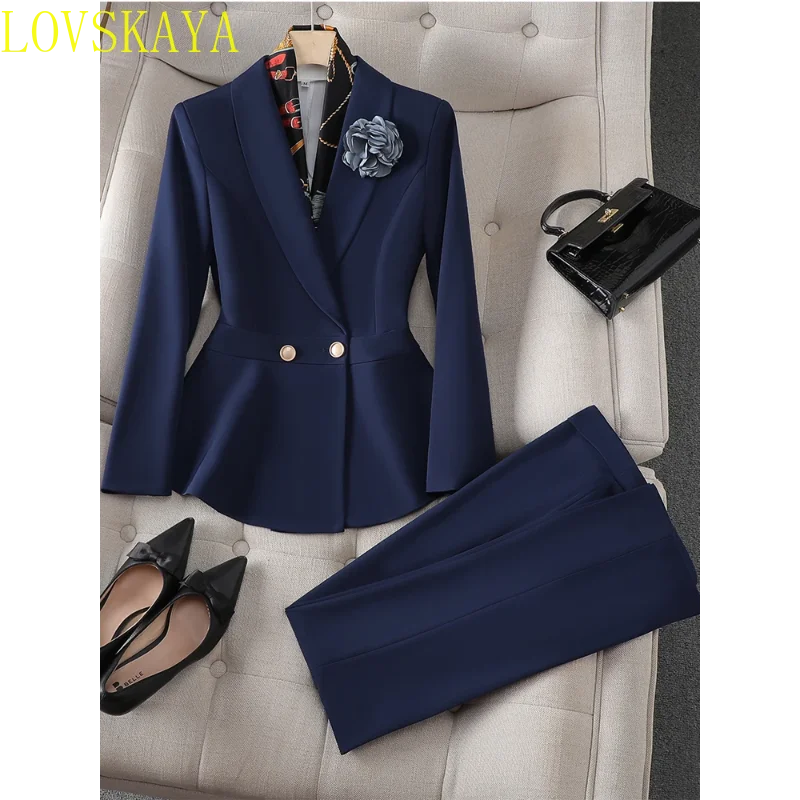 ensemble-2-pieces-elegant-pour-femme-bleu-et-blanc-pantalon-imbibe-tenue-de-travail-formelle-veste-slim-a-volants-blazer-et-fjl-nouvelle-collection-automne