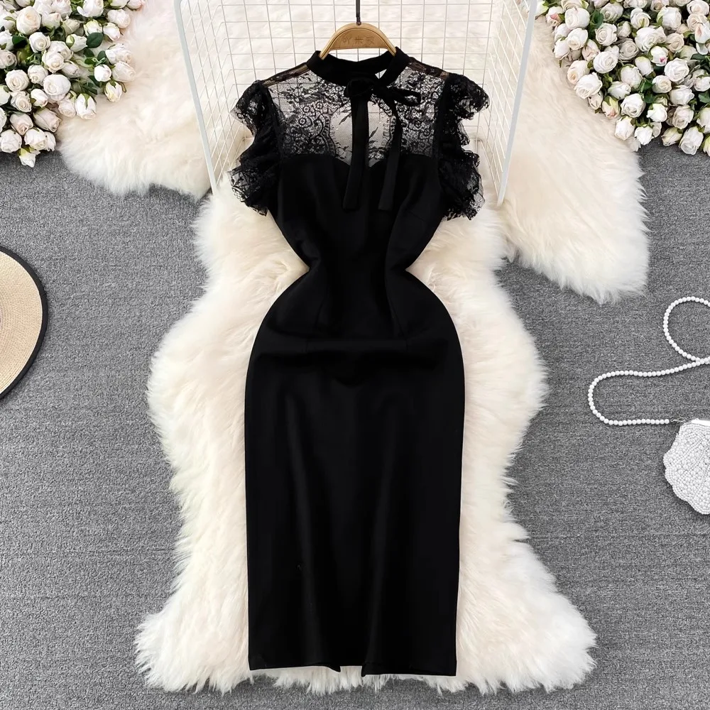 

Black Lace Patchwork Dress Bodycon Sleeveless Evening Party Hollow Out Elegant Vestidos Streetwear Business Split Women Dress