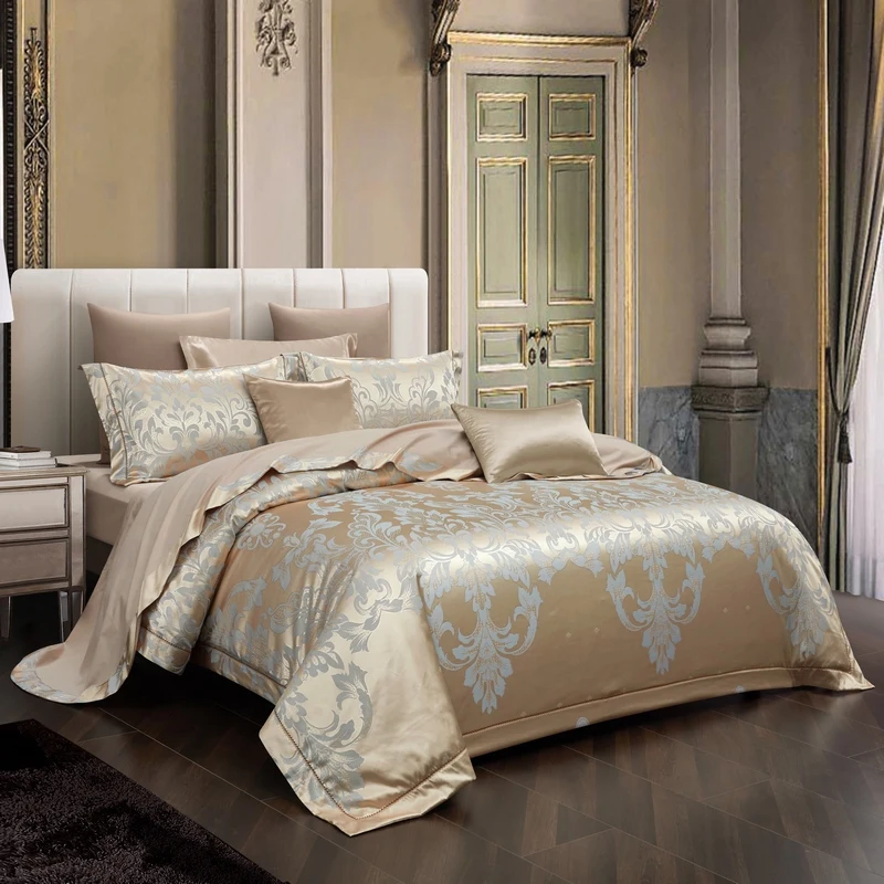 

European Satin Jacquard Cotton Embroidery Bedding Set, Queen Size Duvet Cover Set, Bed Sheet, Pillowcases, Champagne Gold,Luxury