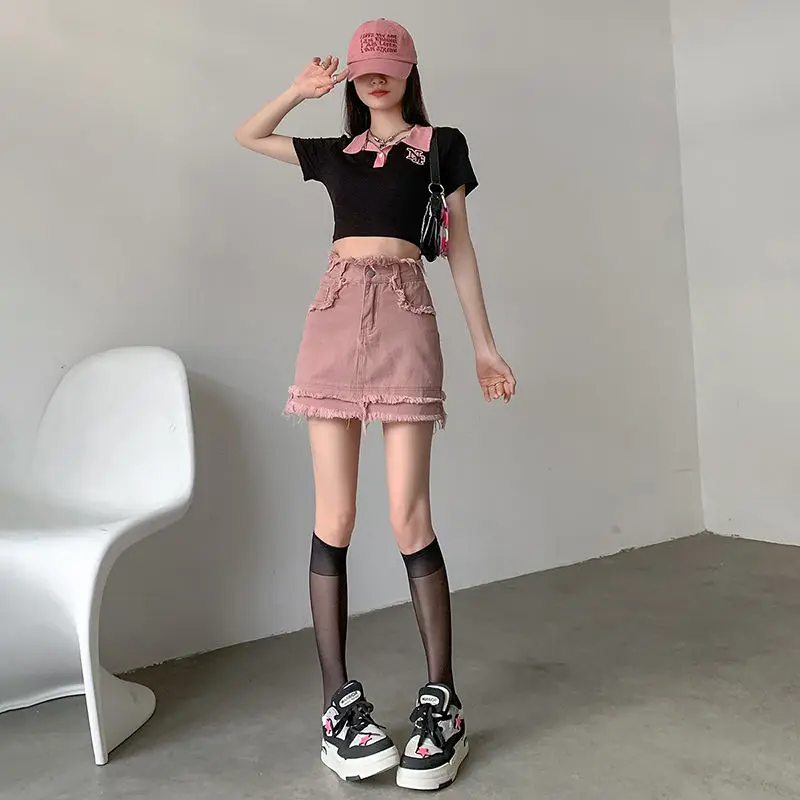 

Spicy Girl Korean Edition Pink Popular Half Skirt Women's Summer High Waist, Fury Edge Wrapped Hip A-line Skirt Anti glare Y2K