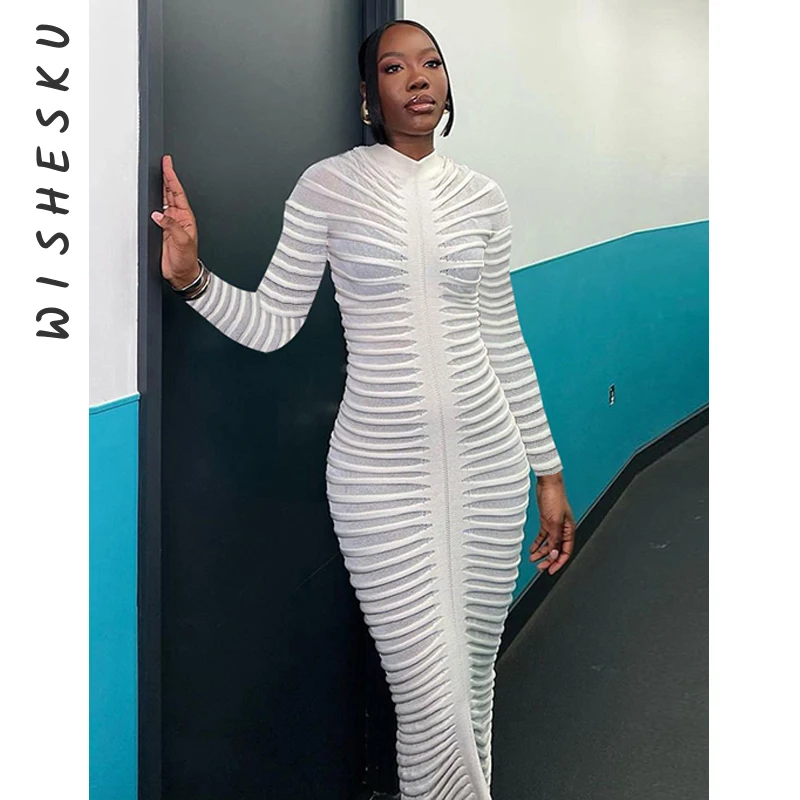 

Трикотажное женское платье миди с длинным рукавом, элегантное Полосатое прозрачное однотонное облегающее эластичное платье с круглым вырезом, осенняя уличная одежда 2023