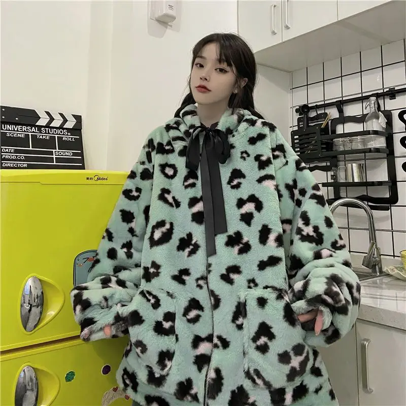 Leopard Print Hooded Women Couple Winter Kawaii Female Street Fashion Keep Warm Oversized INS 2022 New