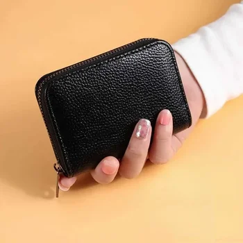 Multi Slot Card Holder Vintage Small Wallet Women Men Business Bank Credit Card Bag Male Coin Pouch Solid Leather Zipper Wallet 4
