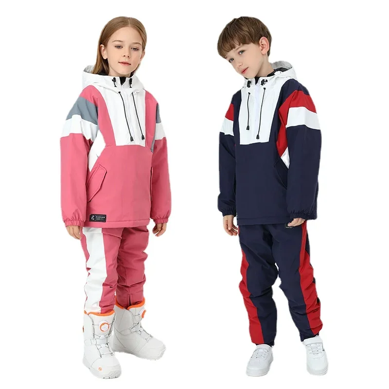 Boys Girls Skiing Suit Winter Outdoor Warm Windproof Waterproof Children Ski Hoodie Jacket+Ski Pants Suit Kids Snowboarding