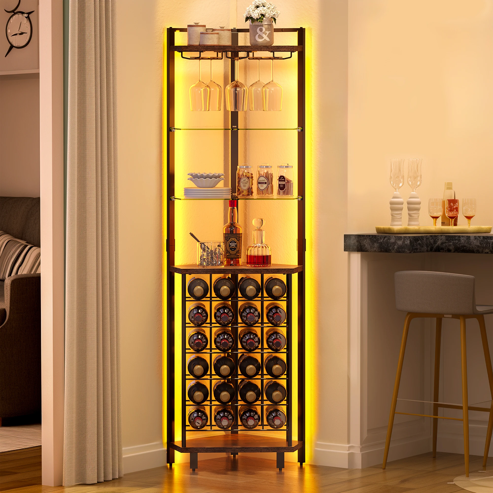 4-Tier Corner LED Wine Rack with Glass Holder & Shelves Industrial Bar Cabinet