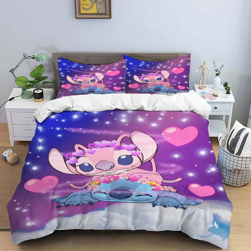 thumbnail image 1 of Disney Cartoon Cute Stitch Print Three Piece Bedding Set Cover Set With Pillowcase Children or Adults King Queen Full Twin Size, 1 of 5