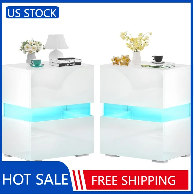 

SUPERJARE LED Nightstands Set of 2, Bedside Tables with LED Lights, Night Stands with High Gloss Drawers, Remote