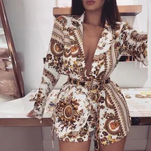 Women's Shorts Sets Plunge Colorful Print Long Sleeve Top & Shorts Suits 2022 New Long Sleeve Sashes Elastic Shorts 2 Piece Set
