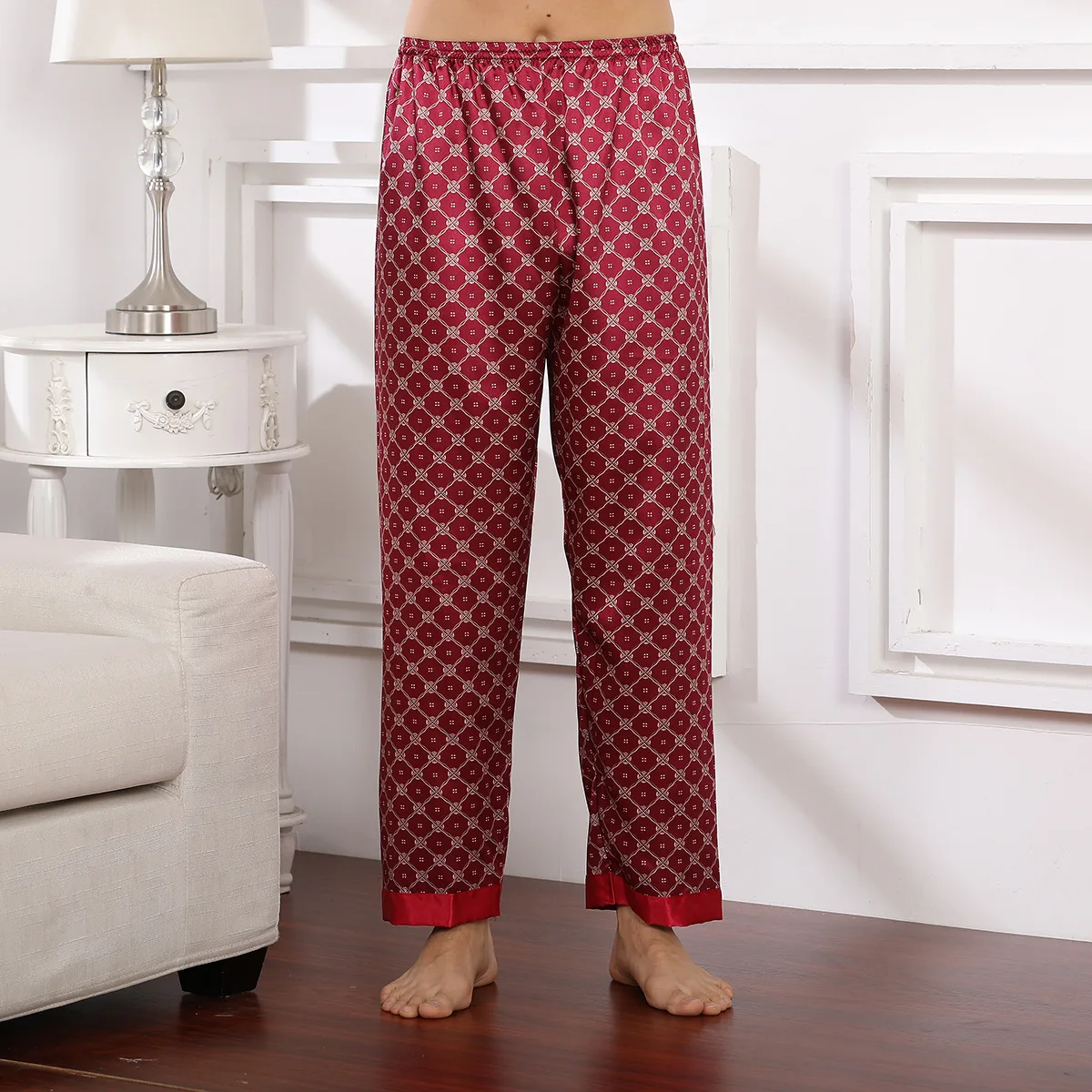 Plus Size Men's Ice Silk Sleep Pants Fashion Print Plaid Pajamas Casual Loose Home Bottom Luxury Silk Man Lounge Wear Trousers mens pajama pants