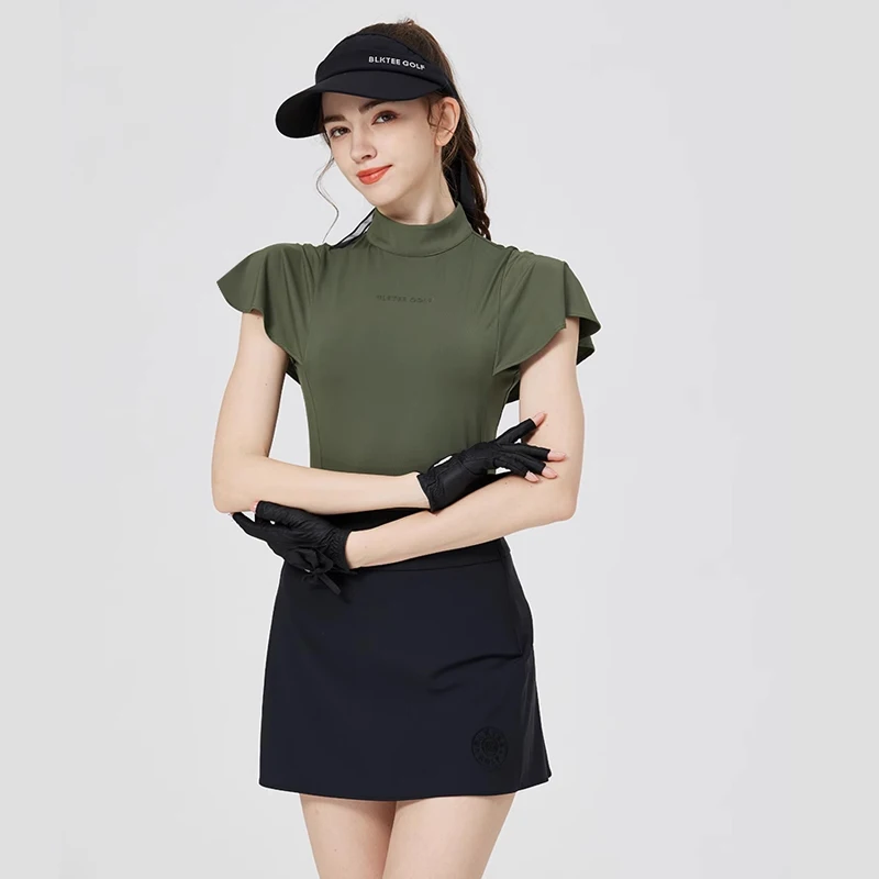 BLKTEE Golf fashion clothes for woman ruffle short sleeve half high neck t-shirt ladies slim casual top high-waist skirt gofset