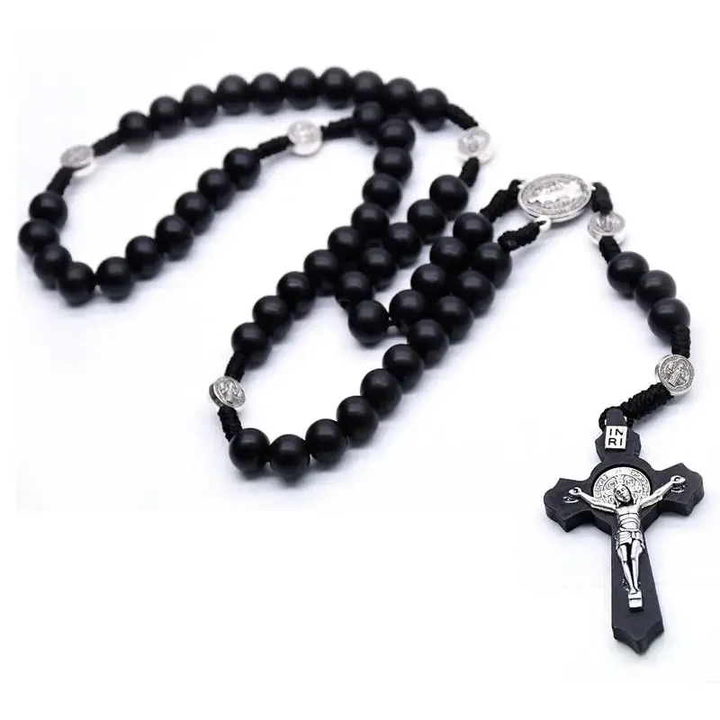 Religious Wooden Antique Black Cross Rosary Car Pendant Jesus Saint Benedict Beaded Hanging for Men Women Jewelry