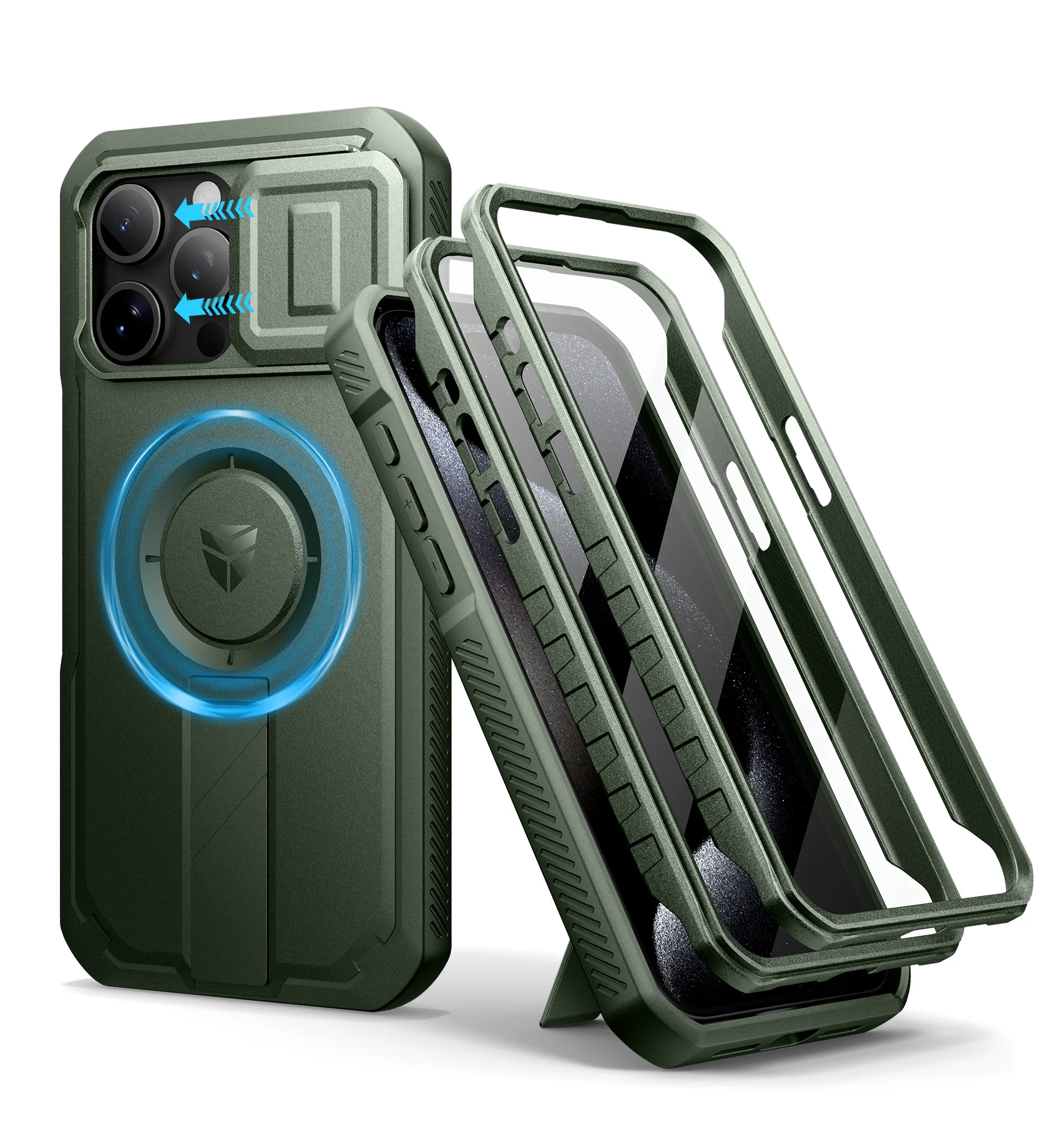 Rugged Armor Shockproof Case with Sliding Camera Cover & Built-In Screen Protector Kickstand