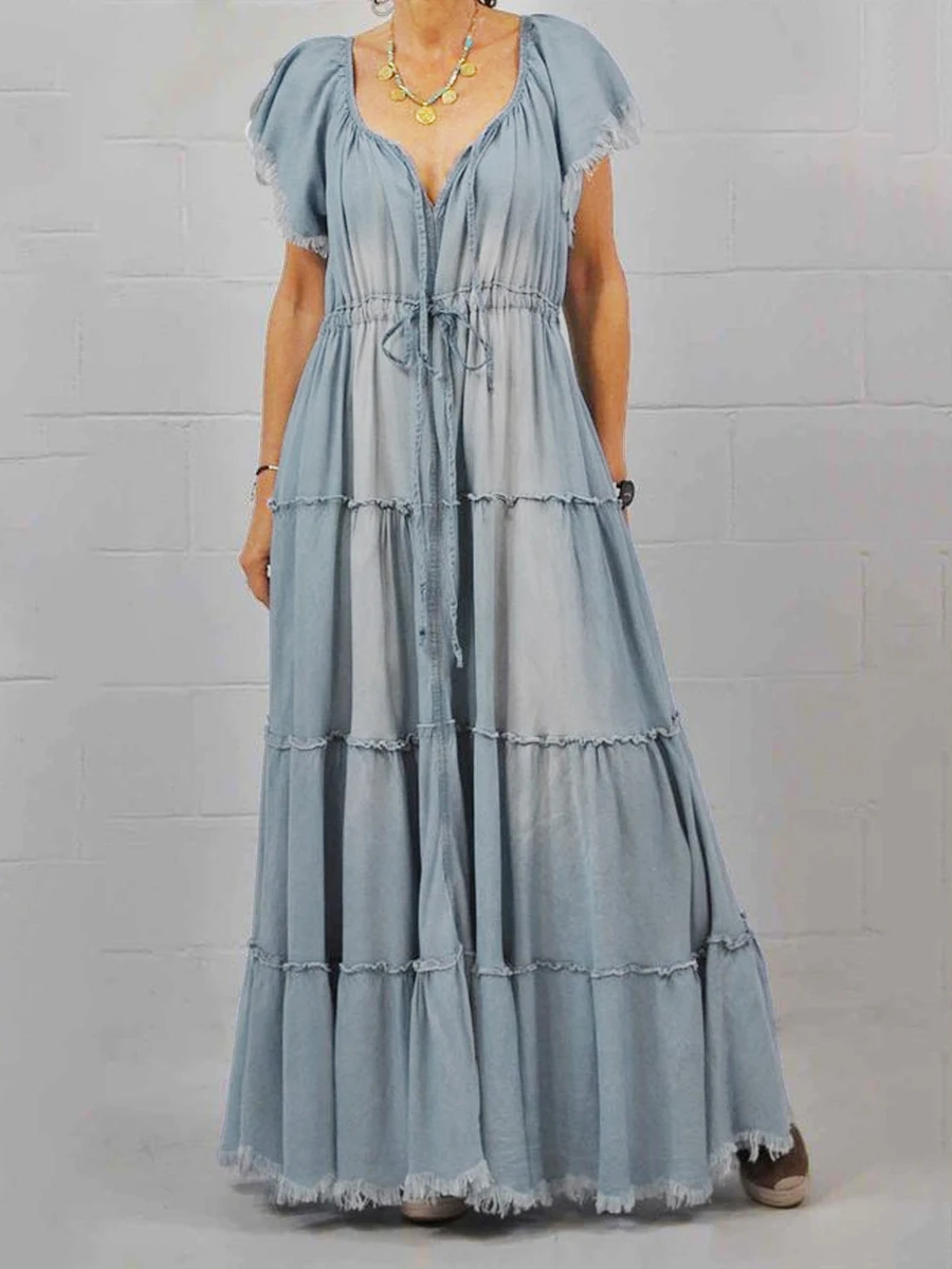 thumbnail image 1 of Vestido largo de mezclilla lavada para mujer, vestido holgado de verano con cordón, escote en V, manga corta, de mezclilla, con vuelo grande, vestido largo informal para mujer, 1 of 4