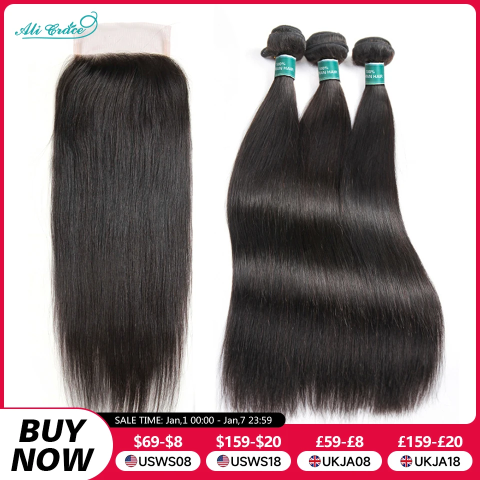 Ali Grace Straight Hair Bundles With Closure 4x4 Closure With Bundle Brazilian Human Hair Weave Transparent Lace human hair wigs human hair bundles