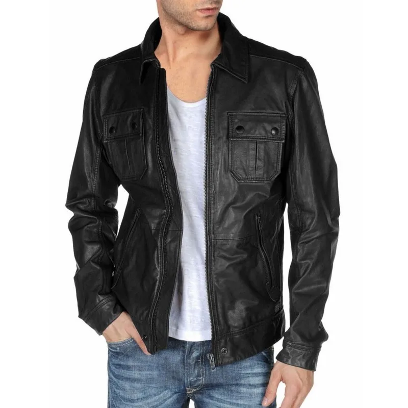 Men's Lambskin Smooth Leather Jacket Black Rock Star Biker Jacket rock star