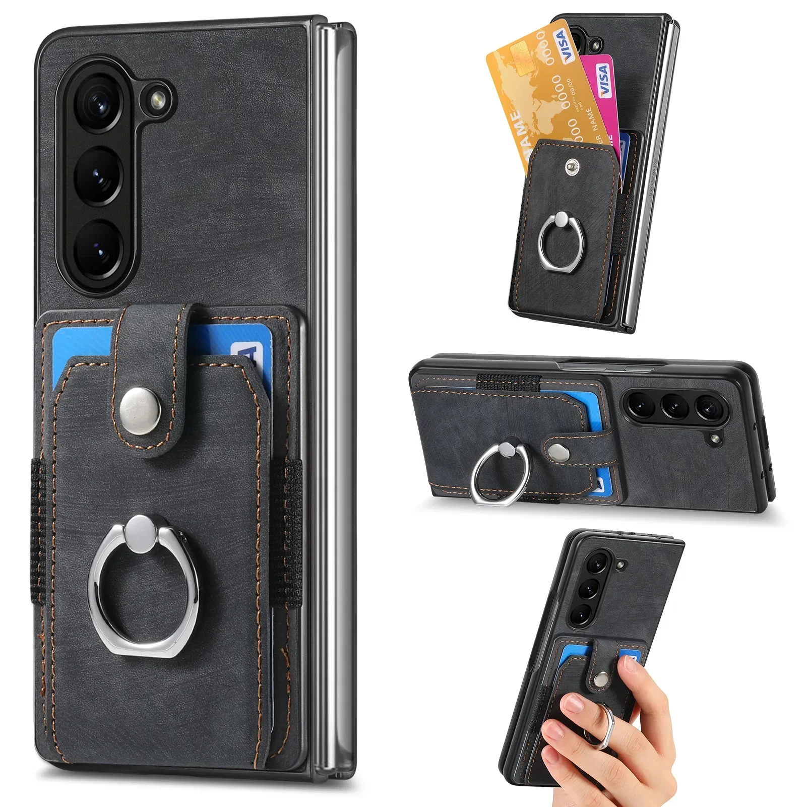 Retro Artificial Leather Wallet Phone Case with Ring Holder for Samsung Galaxy Z Fold 7 6 5 4 3 Fold7 Fold6 5G Card Slot Cover | Gaffar India