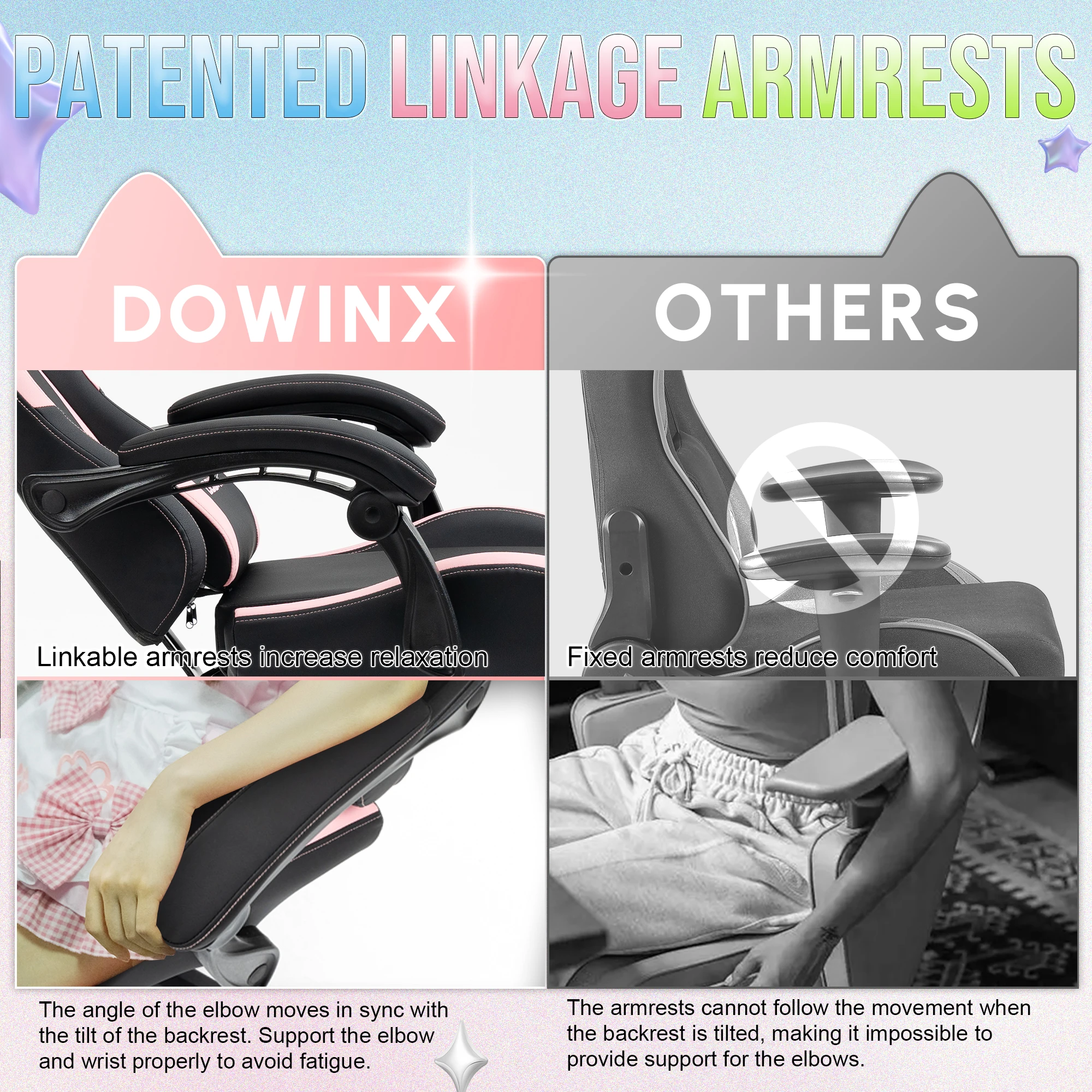 Dowinx Gaming Chair Cute with Cat Ears and Massage Lumbar Support, Ergonomic Computer Chair for Girl with Footrest and Headrest 5