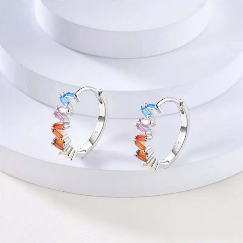 MISEFF Real 925 Sterling Silver Earring Gradual Change Green Blue Colored Zircon Hoop Earrings Engagement Wedding Jewelry Gifts