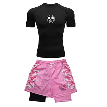 Men's Running Tracksuit Anime Print Training Fitness Sportswear Set Compression Leggings Sport Gym Performance Shorts Rash Guard