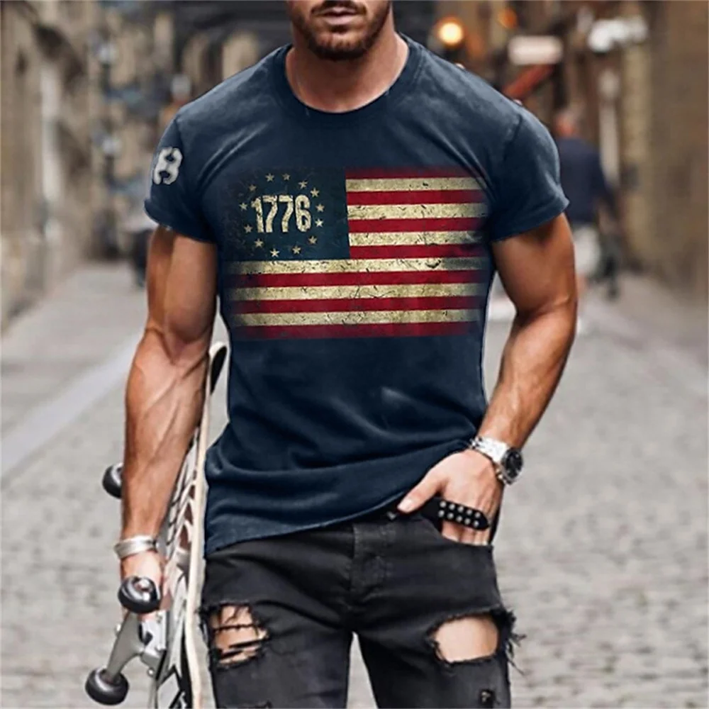 

T Shirt For Men Retro national flag Pattern Round Neck Trending Comfortable Breathable Harajuku Casual 3D Printing Street Tops