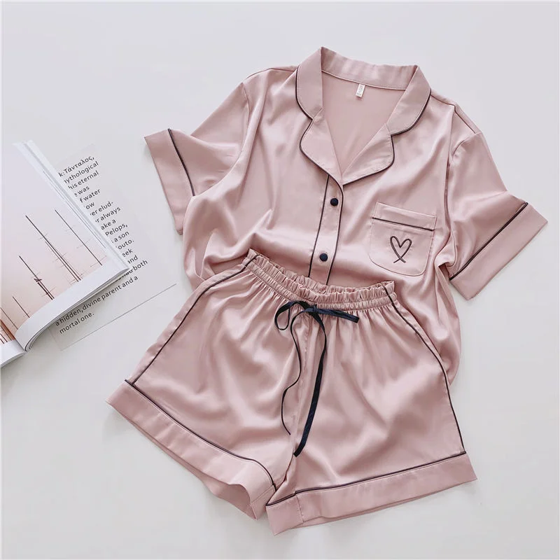 Ling 2pcs Womens Ice Silk Pajamas Set Heart Print  Female Loungewear Cardigan Home Clothes Sleepwear PajamasSummer Short Sleeve