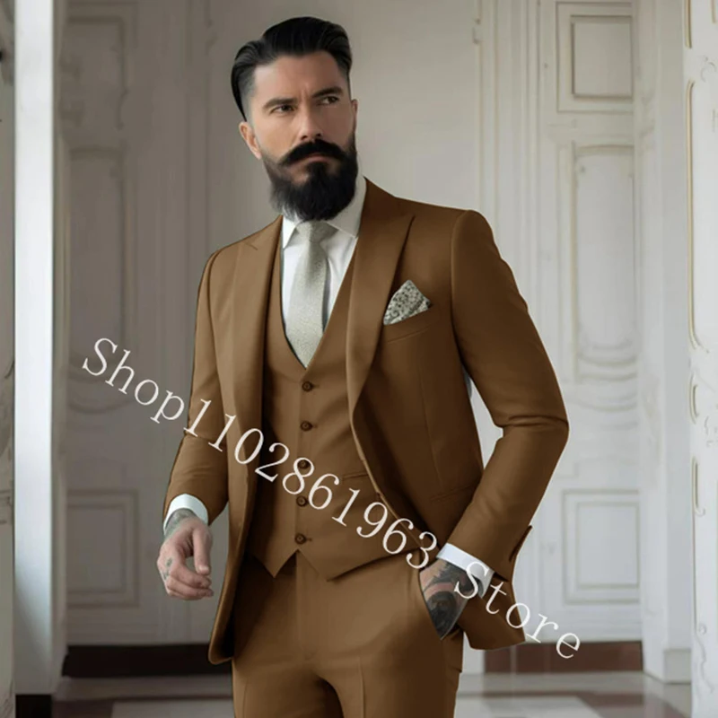 Burgundy 3 Pieces Male Suit Slim Fit Best Men Groomsmen Bridegroom Formal Wedding Tuxedo Blazer+Vest+Pants Costume Homme Mariage
