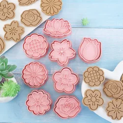 8Pcs Flowers Cookies Cutters Plastic Cartoon Pressable Biscuit Mold Confectionery Cookie Stamp Kitchen Baking Pastry Tools