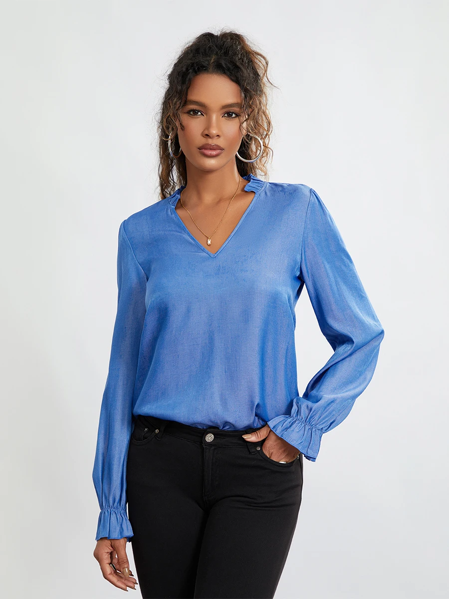 

Women’s Notched V Neck T-Shirts Fashion Long Sleeve Solid Color Loose Frill Tops Spring Summer Shirts