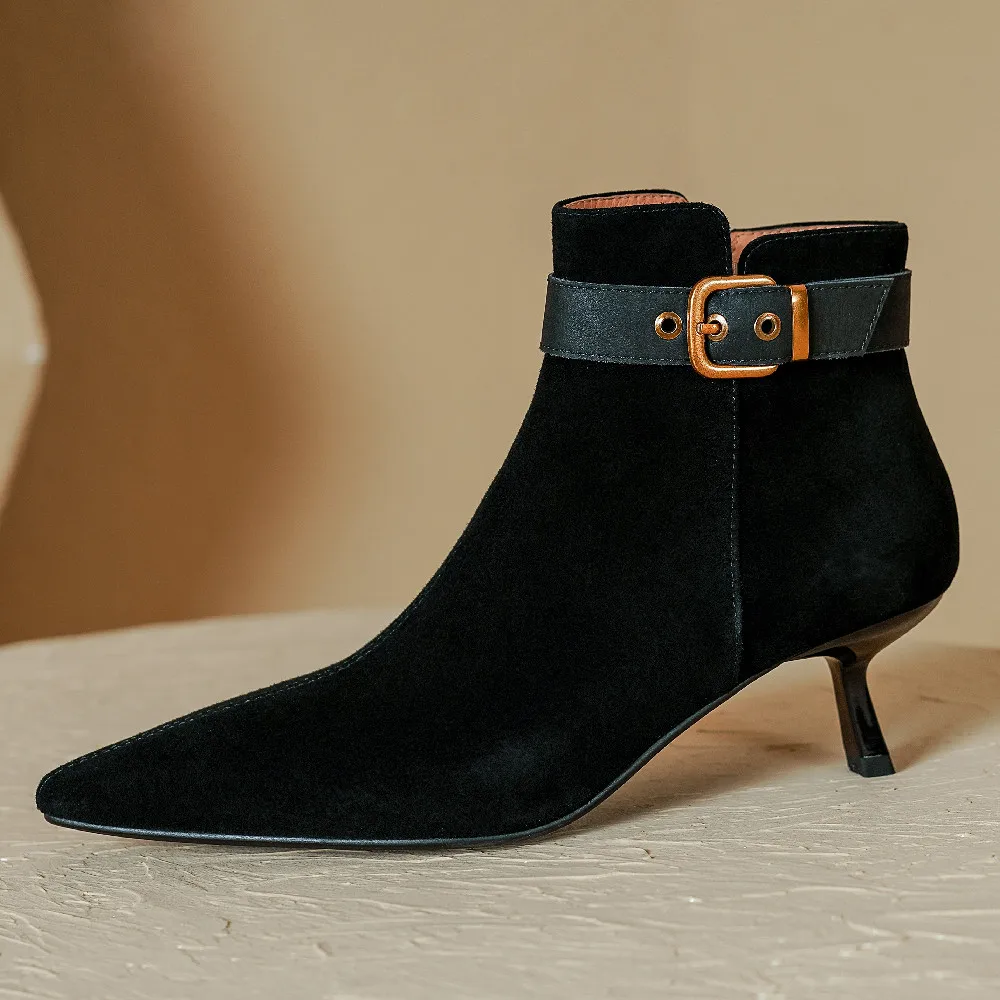 

Elegant ladies thin high heel autumn ankle boots pointed toe ankle buckle short booties natural suede leather female shoes sale