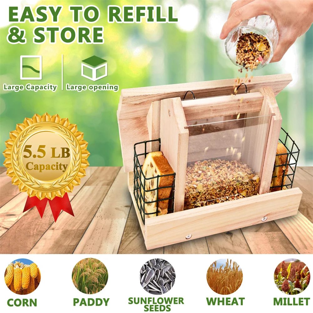 5.5LB Wooden Bird Automatic Feeder Food Feeding Tool Hanging Outdoor Birds Feeder Large Feeding House Large Bird Food Container