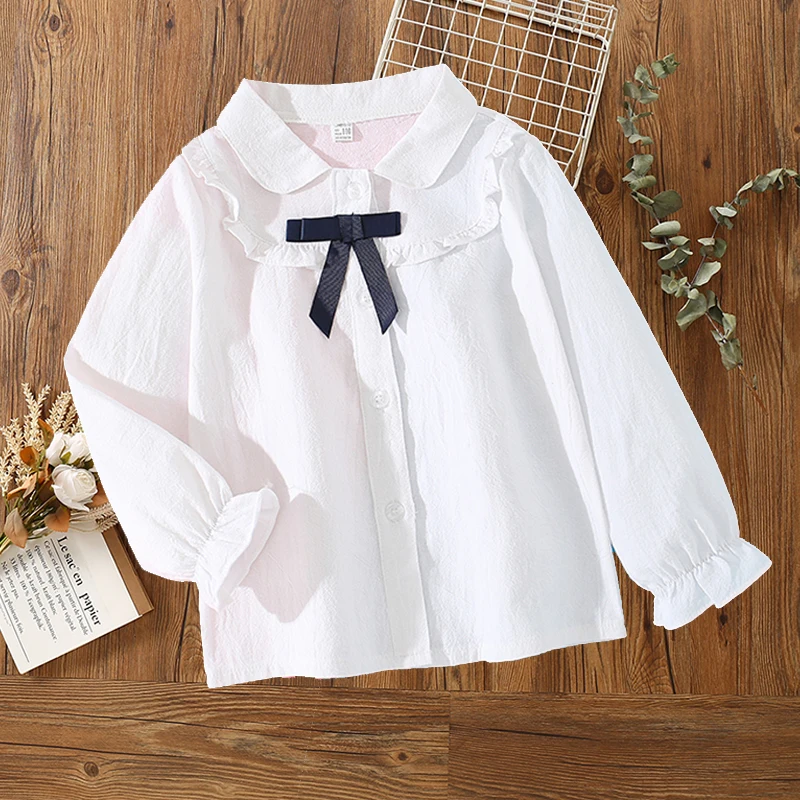 Girls Blouses Spring & Autumn Long Sleeve Preppy Style Ruffles Kids Shirts Casual Cotton Girls Clothes School Uniform Vestidos