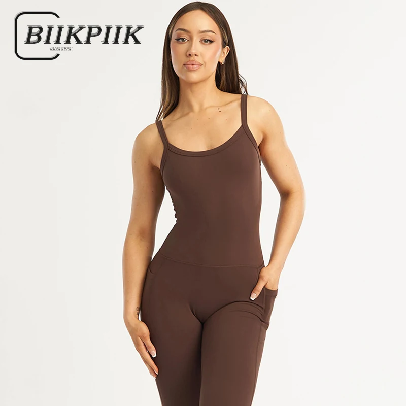 BIIKPIIK Women Camisole Skinny Pockets Flare Jumpsuit Sporty Fitness U-neck Sleeveless Body-shaping Romper Basic Concise Overall
