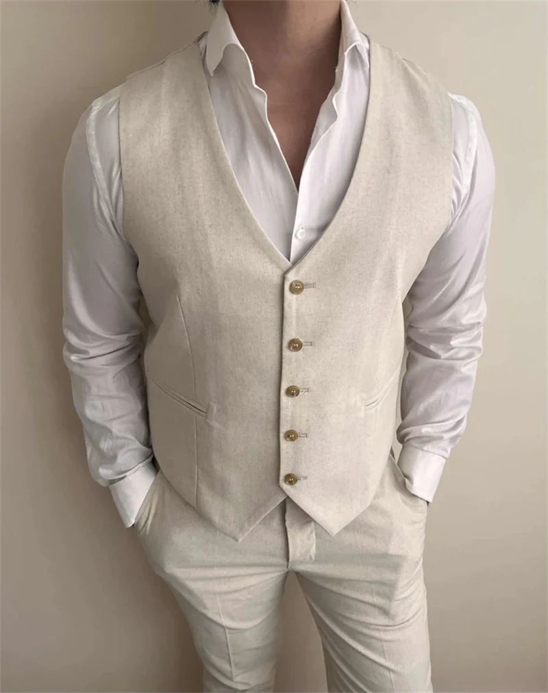 3 Pieces Linen Men Suits for Beach Party Slim Fit Beige Wedding Tuxedo for Groom Prom Blazer with Vest Pants