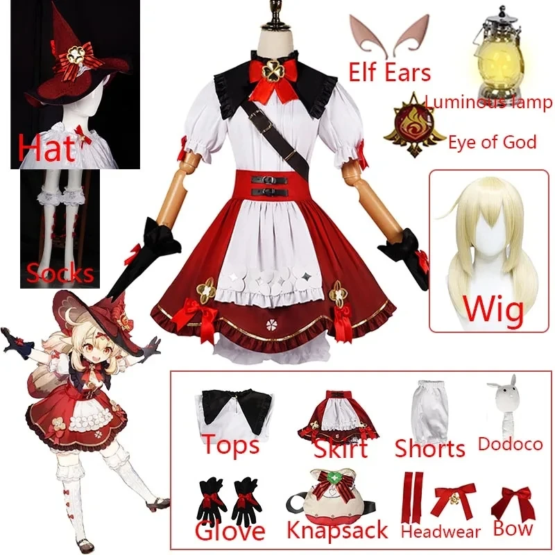 

Genshin Impact Klee Cosplay Costume Wig Little Witch New Skin Cosplay Red Cute Lolita Dress Hat Bag Kawaii Halloween Outfits