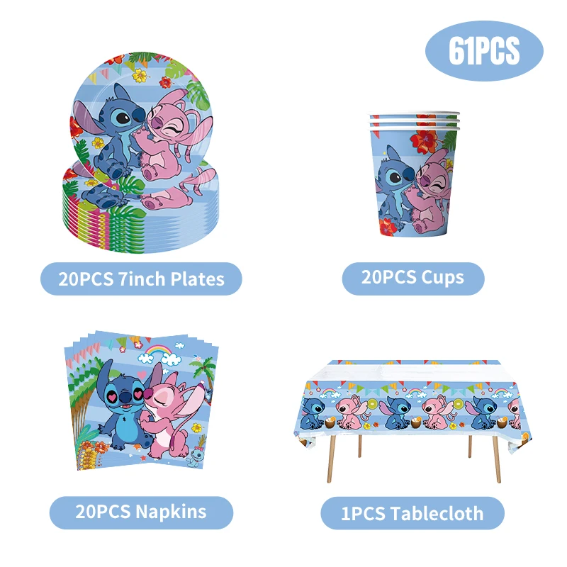 Decoraciones para fiesta de cumpleaños de Disney Stitch, vajilla con temática azul y rosa, vasos de papel, platos y manteles de Lilo y Stitch para niños