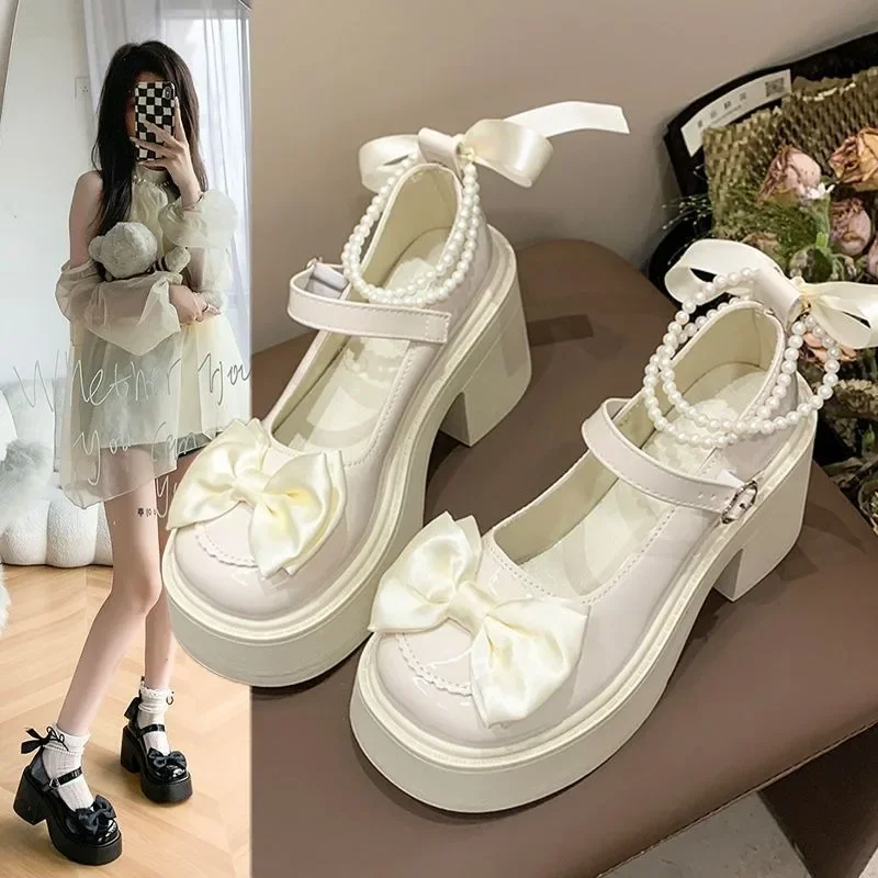 Women's High Heels 2024 High Quality Square Heels Mary Jane Bow Round Toe Buckle Dress Party Women's High Heels Chaussure Femme 2