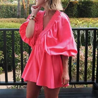 Combhasaki Womens Y2K Deep V-Neck Rompers Solid Color/Plaid Bubble Puff Sleeve Summer High Waist Short Flare Jumpsuits Playsuits - Image 6