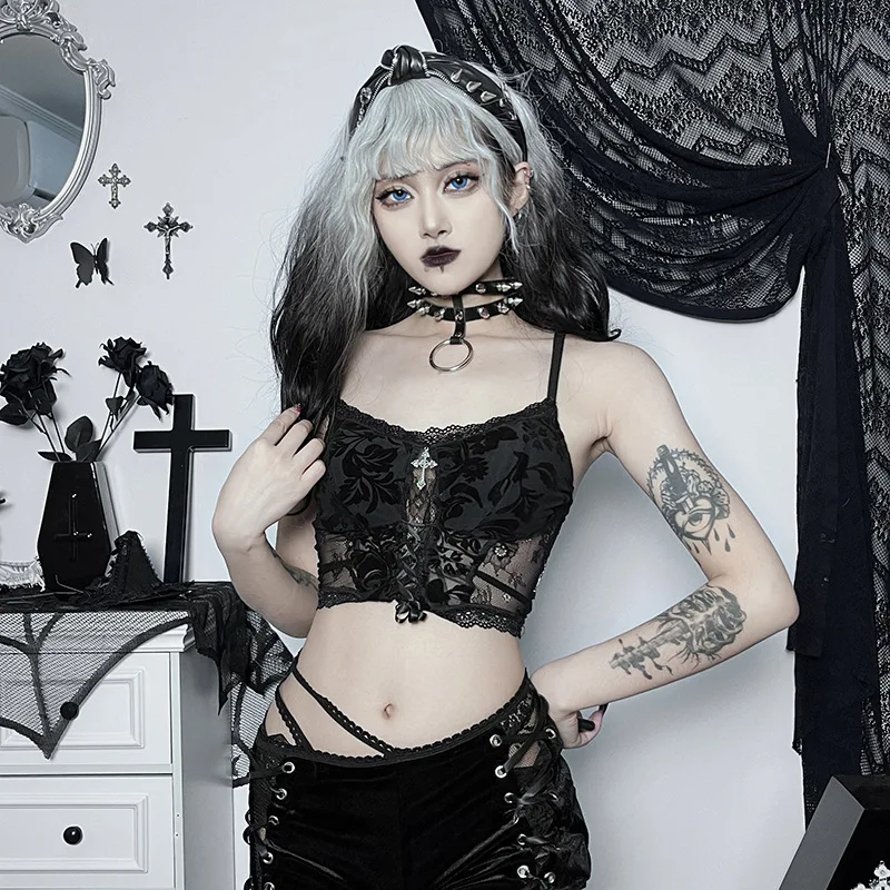 여성용 레이스 시스루 플로킹 몰, 고딕 캐미솔, 그런지, 섹시한 붕대, 바디콘 크롭 탑, 블랙 이모 Alt 스트리트웨어