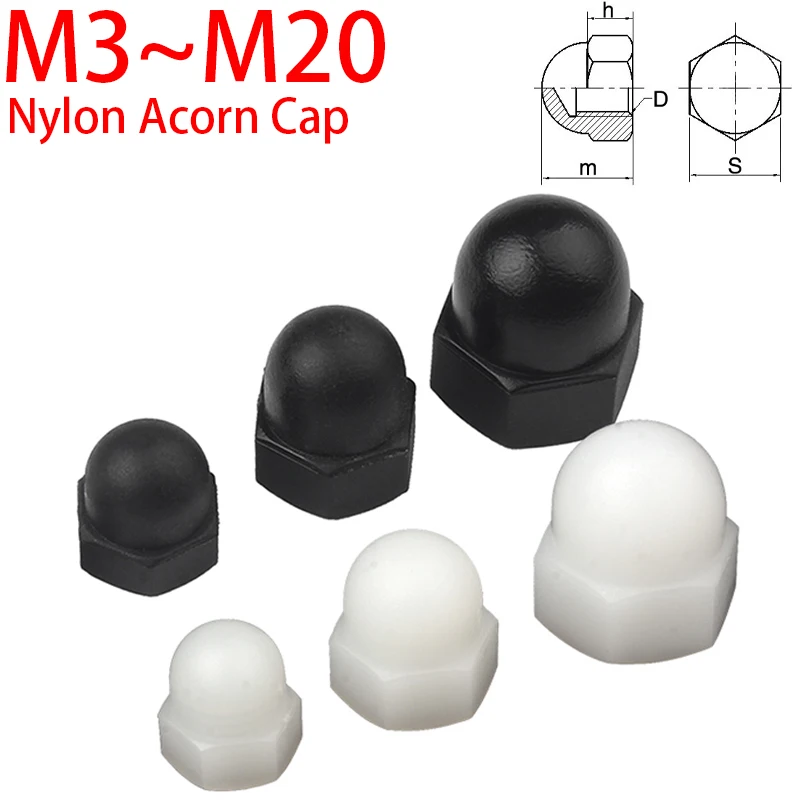 2-100pcs M3 M4 M5 M6 M8 M10 M12 M14 M16 M18 M20 Nylon Acorn Cap Dome Nuts White/ Black Plastic Hexagon Hex Nut