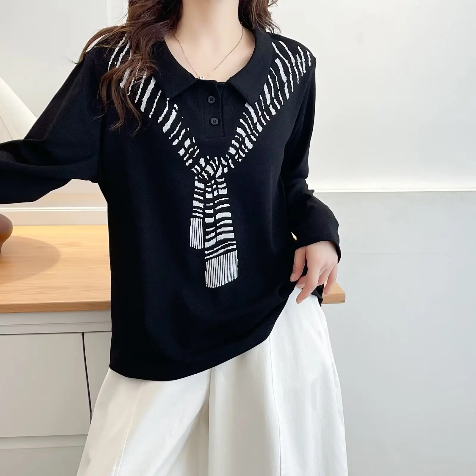 Fashion Plus Size Women's T-Shirt Autumn Stylish POLO Collar Printed Long Sleeved Top Casual Tees 080